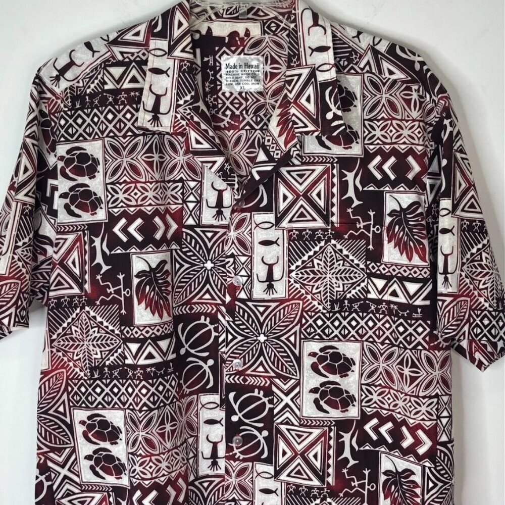 Vintage Mens Hawaiian Shirt Size XL Burgundy Tribal Print Made In Hawaii